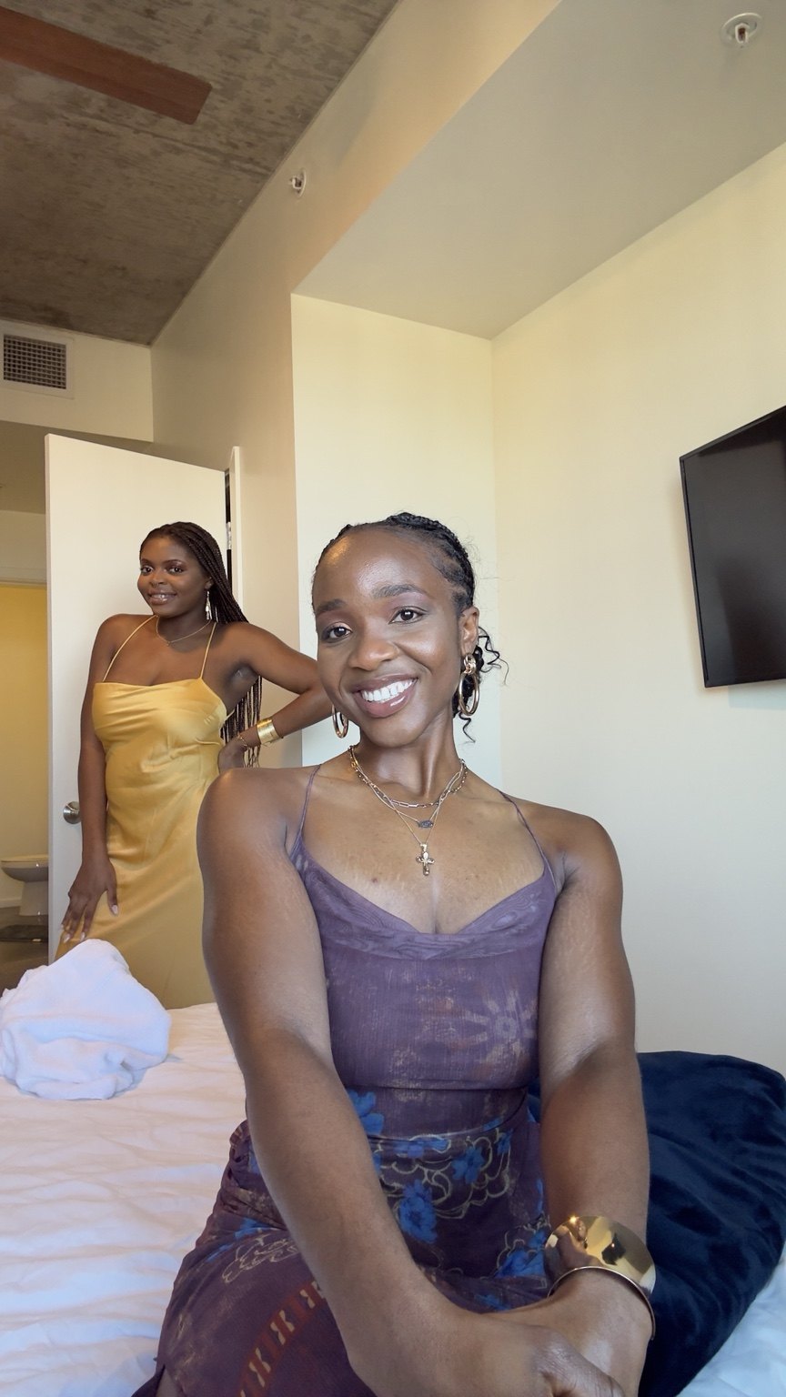 Two friends smiling together