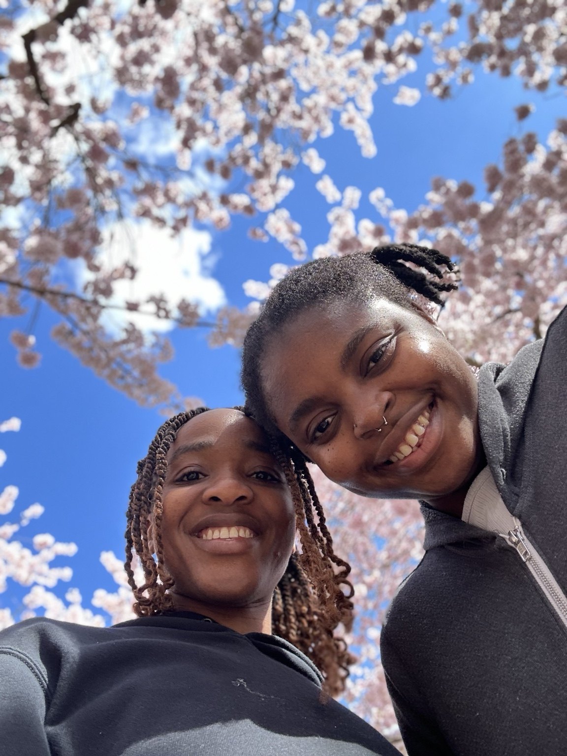 Friends smiling beneath cherry blossoms