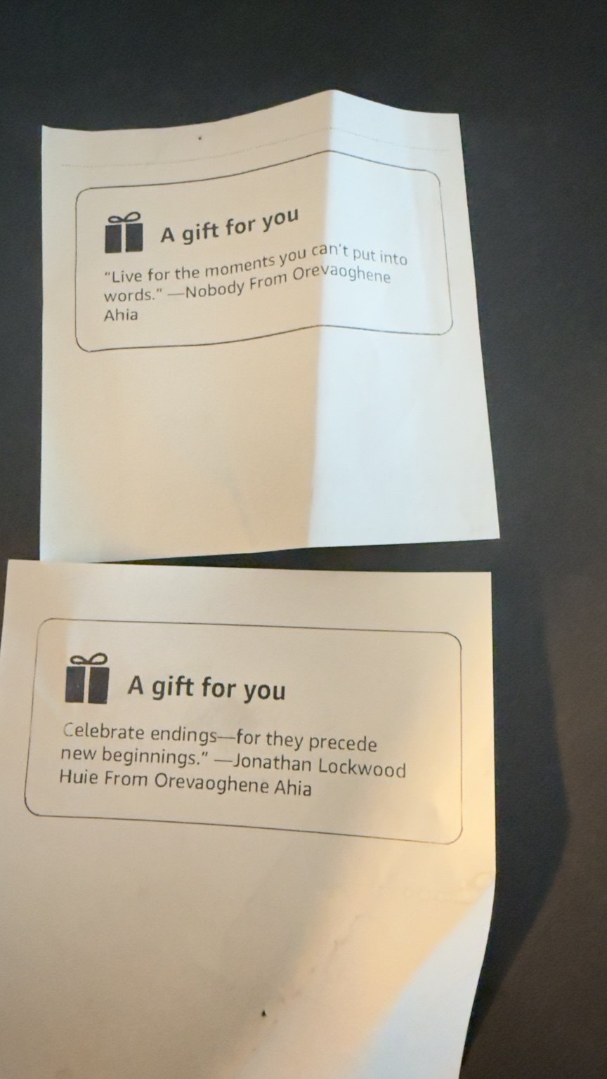 Gift note about endings and new beginnings